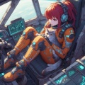 Redhead Cyberpunk Pilot with Cat in Ghibli Studio Style - Awaiting Takeoff in Futuristic Cockpit