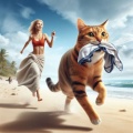 Orange Tabby Cat with Underwear in Mouth Dashes on Sunny Beach, Chased by Woman in Red Bikini