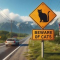 Photorealistic Rural Road Sign 'BEWARE OF CATS' with Mountainous Background