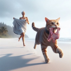 Humorous Chase: Orange Cat Steals Underwear on a Sunny Beach