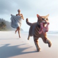 Humorous Chase: Orange Cat Steals Underwear on a Sunny Beach