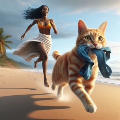 Orange Cat Running on a Stormy Beach with a Blue Bra