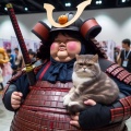 Obese Samurai Warrior Cosplayer Holding a Cat at a Convention - Kawaii & Humorous