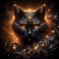 Fiery Glowing Black Cat with Crystal Patterns on Serene Black Background
