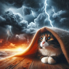 Calico Cat Seeks Shelter from a Thunderstorm on a Pier