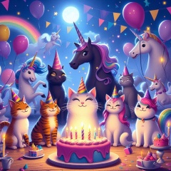 Whimsical Moonlit Party: Cats and Unicorns Celebrate with Cake and Dance