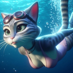 Photorealistic Anthropomorphic Tabby Cat Diving Underwater in Pixar Style