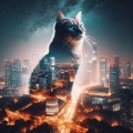 Urban Night Enchantment: Double Exposure Tabby Cat in Vibrant Cityscape