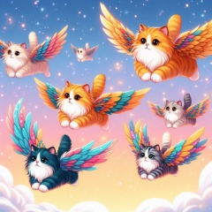 Whimsical Flying Cats with Multicolored Wings Above the Clouds