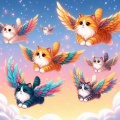 Whimsical Flying Cats with Multicolored Wings Above the Clouds