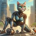 Surreal Hyperrealistic Anthropomorphic Female Robot Cat Crushing Urban Street