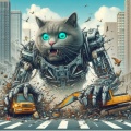 Surreal Robot Cat Crushing Urban Landscape