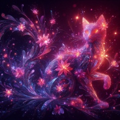 Heartwarming Hyper-Realistic Crystal Cat Sculpture with Bioluminescent Flowers