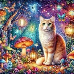Orange Cat in an Enchanted Forest: A Mystical Fantasy Scene