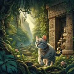 Adventurous Cat Exploring a Mystical Jungle Temple with Tribal Markings
