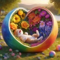 Charming Baby Cat in a Vibrant Floral Half Ball