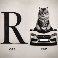 Humorous Black and White Abstract Art: Giant Cat Sitting on a Car with Letter 'R'