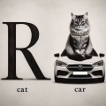 Humorous Black and White Abstract Art: Giant Cat Sitting on a Car with Letter 'R'