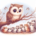 Whimsical Forest Scene: Owl and Curious Kittens