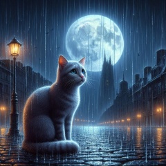 Defenseless Cat Sitting in Heavy Rain Under the Full Moon - Dark and Gloomy Night Artwork
