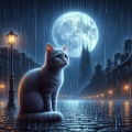 Defenseless Cat Sitting in Heavy Rain Under the Full Moon - Dark and Gloomy Night Artwork