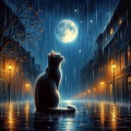 Melancholic Night: Cat Sitting in the Rain Under a Full Moon