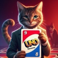 Tabby Cat in a Suit Presents a Giant Uno Reverse Card at a Gambling Table