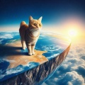 Serious Tabby Cat Standing on the Edge of a Flat Earth in Space