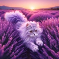 Lilac Fur Cat Playing in a Lavender Field at Sunset