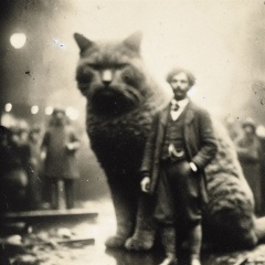 Vintage 1920s Photograph: Man in Formal Attire Standing Beside a Giant Cat