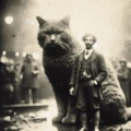 Vintage 1920s Photograph: Man in Formal Attire Standing Beside a Giant Cat