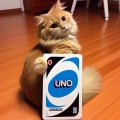 Realistic Cat Presenting a Giant Uno Reverse Card Indoors