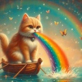 Vintage Oil Painting of an Orange Cat Puking a Vibrant Rainbow on a Wooden Raft