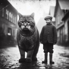 Nostalgic 1920s Photo of a Boy and His Giant Cat in a Village Street